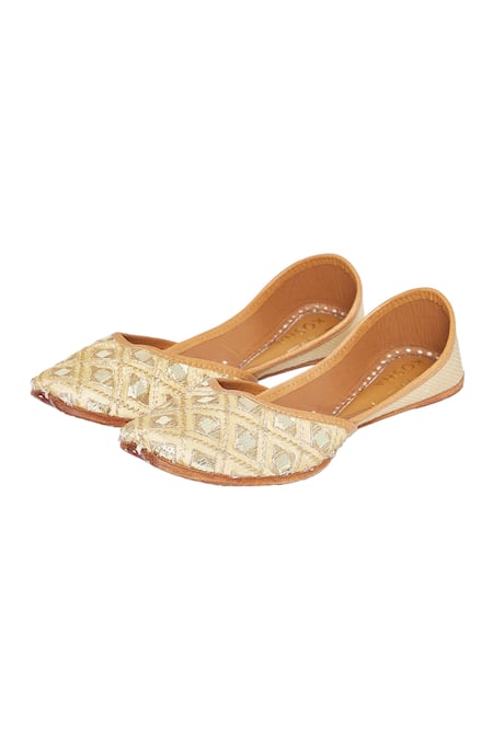 Shop House Of Kosha Gold Mirrors Nazrana Sheesh Hand Embroidered Leather Juttis at Aza Fashions Shop_House Of Kosha_Gold Mirrors Nazrana Sheesh Hand Embroidered Leather Juttis _at_Aza_Fashions