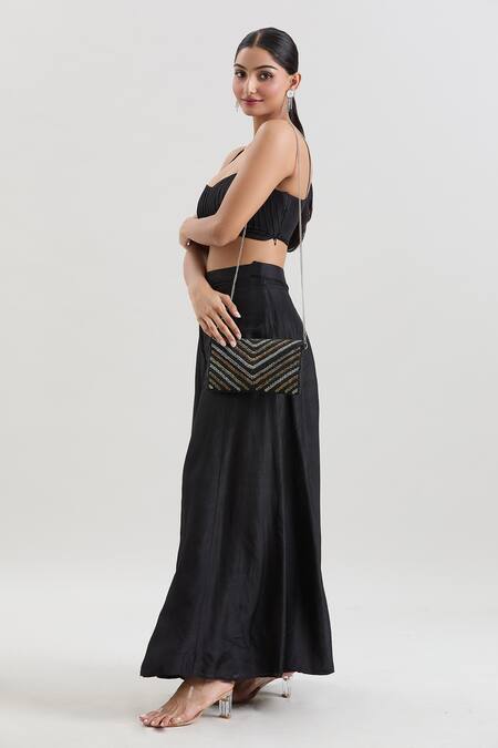House Of Kosha Black Cut Work, Beads Ziva Cutdana Embellished Clutch Sling Bag Online at Aza Fashions House Of Kosha_Black Cut Work, Beads Ziva Cutdana Embellished Clutch Sling Bag_Online_at_Aza_Fashions
