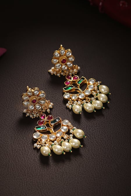 Amoliconcepts Floral Kundan Studded Drop Earrings 