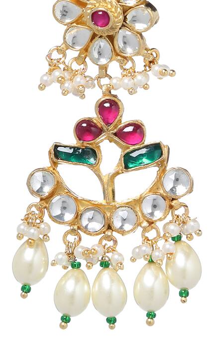 Amoliconcepts_Gold Plated Pearls, Beads, Gota Patti Floral Kundan Studded Drop Earrings_Online_at_Aza_Fashions