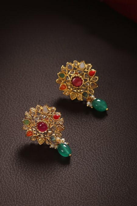 Amoliconcepts Gold Plated Stone Studded Floral Earrings 