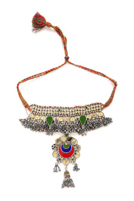 Amoliconcepts_Silver Plated Abstract Glass Embellished Pendant Necklace_Online_at_Aza_Fashions