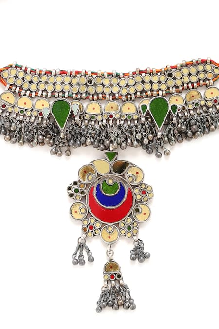 Buy_Amoliconcepts_Silver Plated Abstract Glass Embellished Pendant Necklace_Online_at_Aza_Fashions