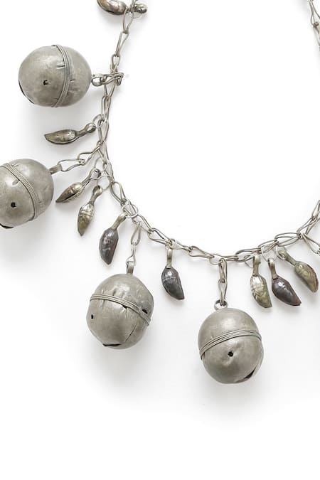 Buy_Amoliconcepts_Silver Plated Vintage Bell Embellished Necklace_Online_at_Aza_Fashions