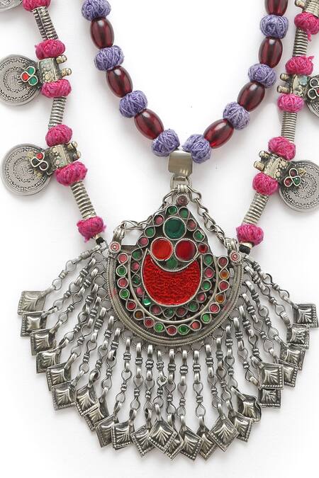 Amoliconcepts_Silver Plated Boho Pendant Embellished Necklace_Online_at_Aza_Fashions