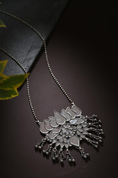 Amoliconcepts Silver Plated Ghungaroo Carved Lotus Pendant Necklace 