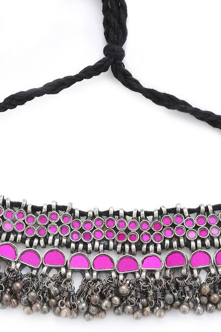 Amoliconcepts_Silver Plated Geometric Cutwork Glass Embellished Choker_Online_at_Aza_Fashions