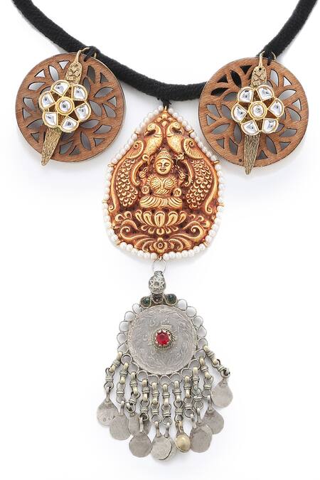 Amoliconcepts_Silver Plated Carved Deity Pendant Choker_Online_at_Aza_Fashions