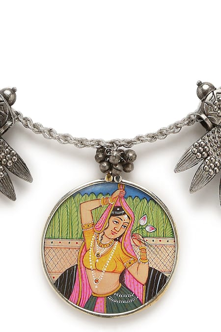 Amoliconcepts_Silver Plated Painted Pendant Hasli Necklace_Online_at_Aza_Fashions