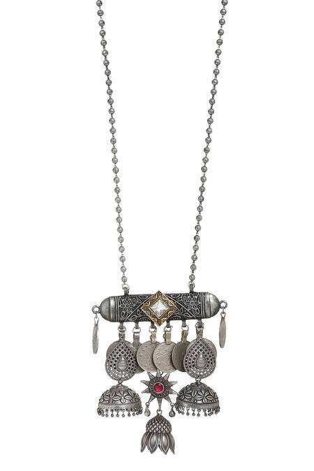 Shop Amoliconcepts Silver Plated Jhumka Pendant Long Necklace at Aza Fashions Shop_Amoliconcepts_Silver Plated Jhumka Pendant Long Necklace_at_Aza_Fashions