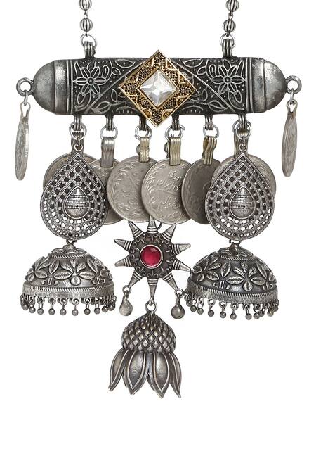 Amoliconcepts Silver Plated Jhumka Pendant Long Necklace Online at Aza Fashions Amoliconcepts_Silver Plated Jhumka Pendant Long Necklace_Online_at_Aza_Fashions