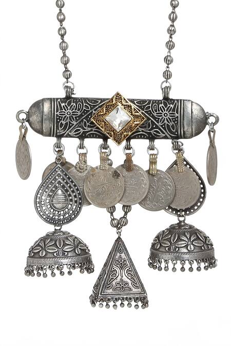 Amoliconcepts_Silver Plated Jhumka Pendant Necklace_Online_at_Aza_Fashions