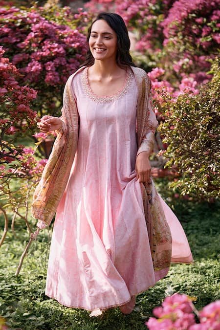 Saundh Pink Anarkali Chanderi Woven Floral Falak Mirror Neckline Embroidered Set