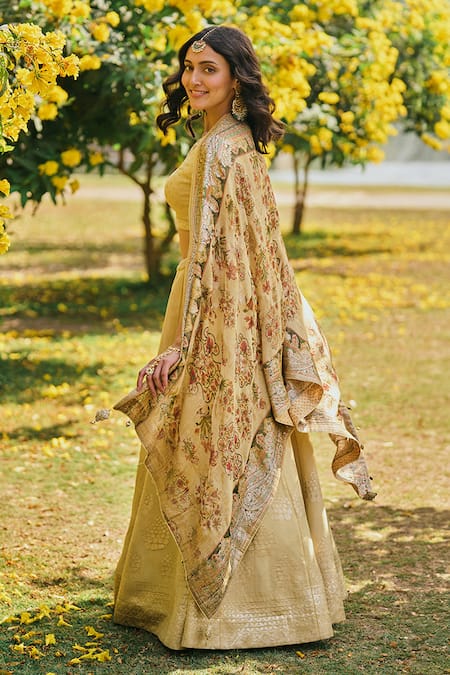 Shop_Saundh_Yellow Blouse And Dupatta Tissue Jacquard Woven Floral V Dua Mughal Lehenga Set _at_Aza_Fashions
