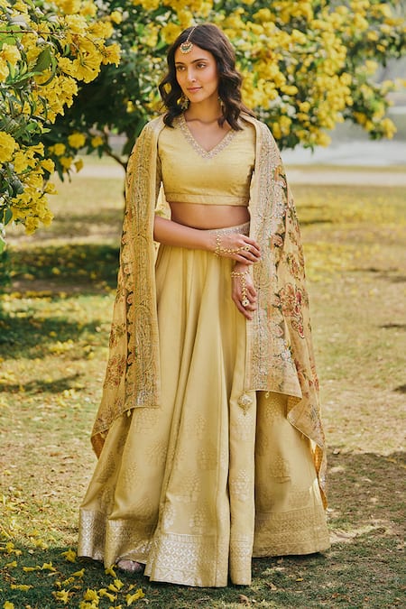 Saundh_Yellow Blouse And Dupatta Tissue Jacquard Woven Floral V Dua Mughal Lehenga Set _Online_at_Aza_Fashions