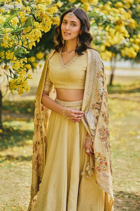 Buy_Saundh_Yellow Blouse And Dupatta Tissue Jacquard Woven Floral V Dua Mughal Lehenga Set _Online_at_Aza_Fashions