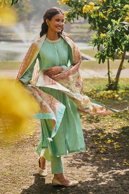 Saundh Green Kurta And Pant Chanderi Woven Floral Round Johi A-line Set
