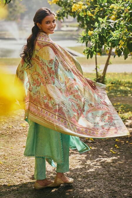 Shop Saundh Green Chanderi, Organza, Voile Embroidery, Johi Floral Woven A-line Kurta Set at Aza Fashions Shop_Saundh_Green Chanderi, Organza, Voile Embroidery, Johi Floral Woven A-line Kurta Set_at_Aza_Fashions