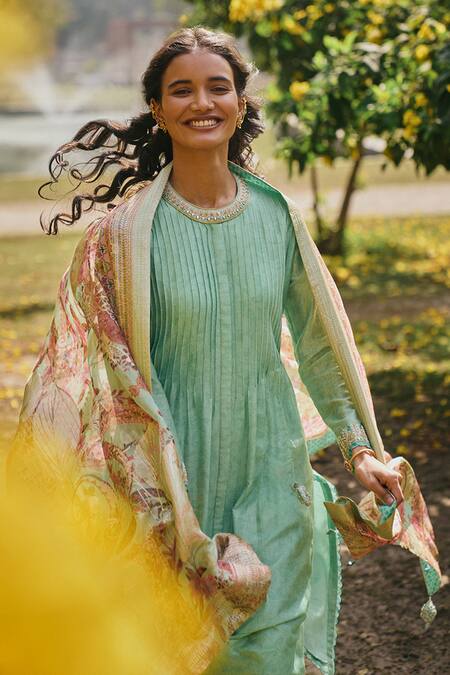 Saundh Green Chanderi, Organza, Voile Embroidery, Johi Floral Woven A-line Kurta Set Online at Aza Fashions Saundh_Green Chanderi, Organza, Voile Embroidery, Johi Floral Woven A-line Kurta Set_Online_at_Aza_Fashions