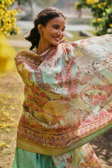 Shop Saundh Green Chanderi, Organza, Voile Embroidery, Johi Floral Woven A-line Kurta Set Online at Aza Fashions Shop_Saundh_Green Chanderi, Organza, Voile Embroidery, Johi Floral Woven A-line Kurta Set_Online_at_Aza_Fashions