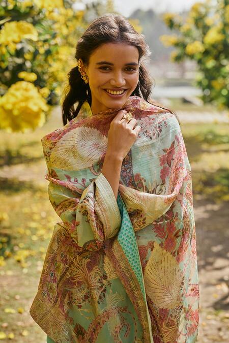 Saundh Green Chanderi, Organza, Voile Embroidery, Johi Floral Woven A-line Kurta Set at Aza Fashions Saundh_Green Chanderi, Organza, Voile Embroidery, Johi Floral Woven A-line Kurta Set_at_Aza_Fashions