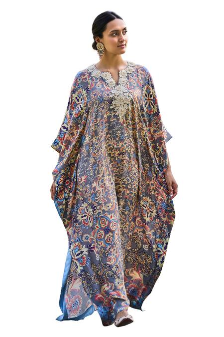 Saundh_Grey Crepe Pearls, Embroidery Split V-neck Zuhr Botanical Print Kaftan _Online_at_Aza_Fashions
