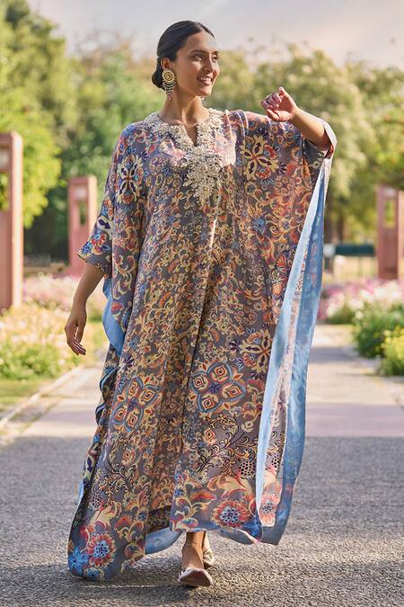 Shop_Saundh_Grey Crepe Pearls, Embroidery Split V-neck Zuhr Botanical Print Kaftan _Online_at_Aza_Fashions