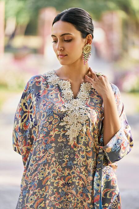 Saundh_Grey Crepe Pearls, Embroidery Split V-neck Zuhr Botanical Print Kaftan _at_Aza_Fashions