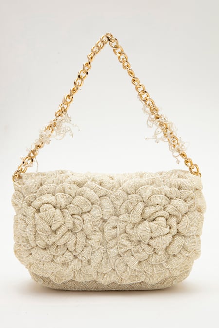 Buy_Doux Amour_Ivory Beads Coco Double Rose Hand Embroidered Bag _Online_at_Aza_Fashions