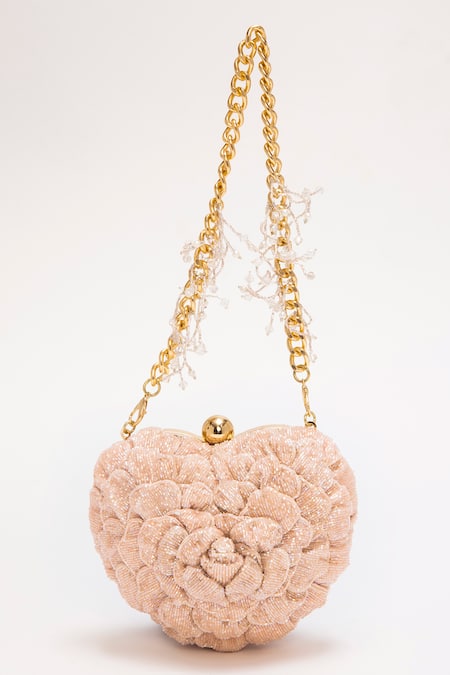 Doux Amour_Pink Japanese Bugle Beads Isa Heart Clutch Bag _Online_at_Aza_Fashions