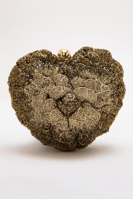 Doux Amour_Gold Japanese Bugle Beads Isa Heart Shaped Bag _Online_at_Aza_Fashions