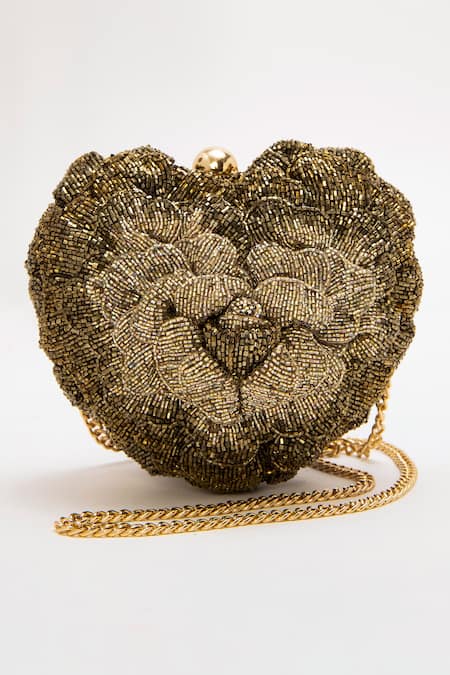 Shop_Doux Amour_Gold Japanese Bugle Beads Isa Heart Shaped Bag _Online_at_Aza_Fashions