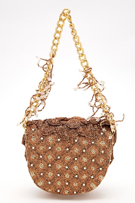 Shop Doux Amour Brown Beads Coco Mini Floral Hand Embroidered Sling at Aza Fashions Shop_Doux Amour_Brown Beads Coco Mini Floral Hand Embroidered Sling _at_Aza_Fashions