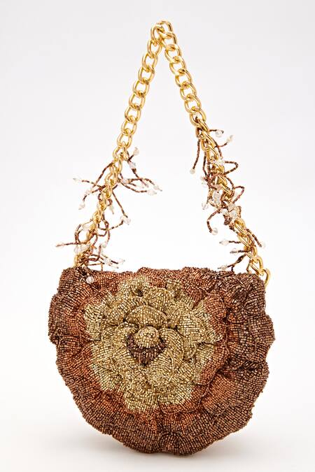 Buy Doux Amour Brown Beads Coco Mini Floral Hand Embroidered Sling Online at Aza Fashions Buy_Doux Amour_Brown Beads Coco Mini Floral Hand Embroidered Sling _Online_at_Aza_Fashions