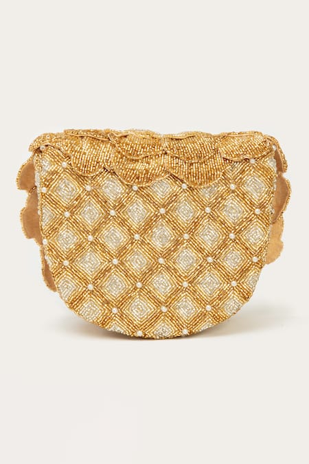 Shop_Doux Amour_Gold Beads Coco Mini Flower Hand Embroidered Sling _at_Aza_Fashions