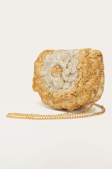 Doux Amour_Gold Beads Coco Mini Flower Hand Embroidered Sling _Online_at_Aza_Fashions