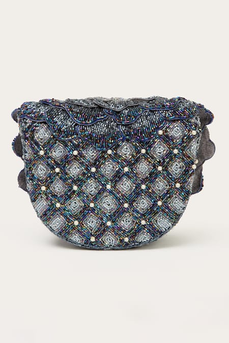 Shop Doux Amour Grey Beads Floral Hand Embroidered Bag at Aza Fashions Shop_Doux Amour_Grey Beads Floral Hand Embroidered Bag _at_Aza_Fashions