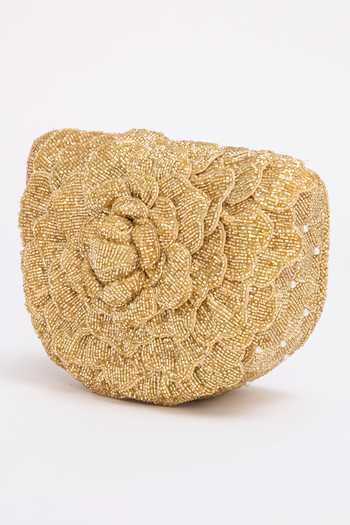 Buy_Doux Amour_Gold Beads Flower Bugle Hand Embroidered Bag _Online_at_Aza_Fashions