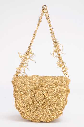 Shop_Doux Amour_Gold Beads Flower Bugle Hand Embroidered Bag _Online_at_Aza_Fashions