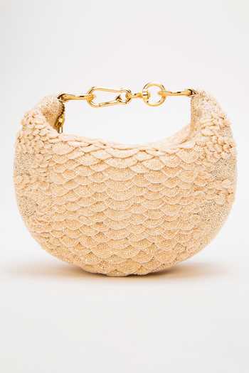Doux Amour_Peach Beads Cosmos Grab Hand Embroidered Bag _Online_at_Aza_Fashions