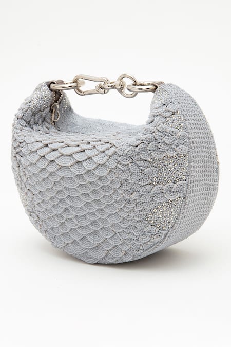 Doux Amour Grey Beads Cosmos Grab Scallop Hand Embroidered Bag 