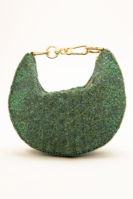 Shop_Doux Amour_Green Beads Cosmos Grab Bugle Hand Embroidered Bag _at_Aza_Fashions