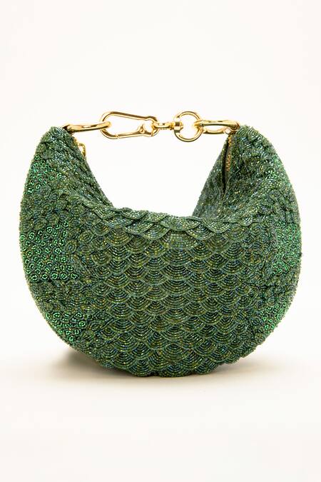 Doux Amour_Green Beads Cosmos Grab Bugle Hand Embroidered Bag _Online_at_Aza_Fashions