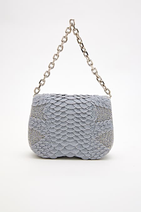 Shop_Doux Amour_Grey Beads Medusa Mini Hand Embroidered Bag _Online_at_Aza_Fashions