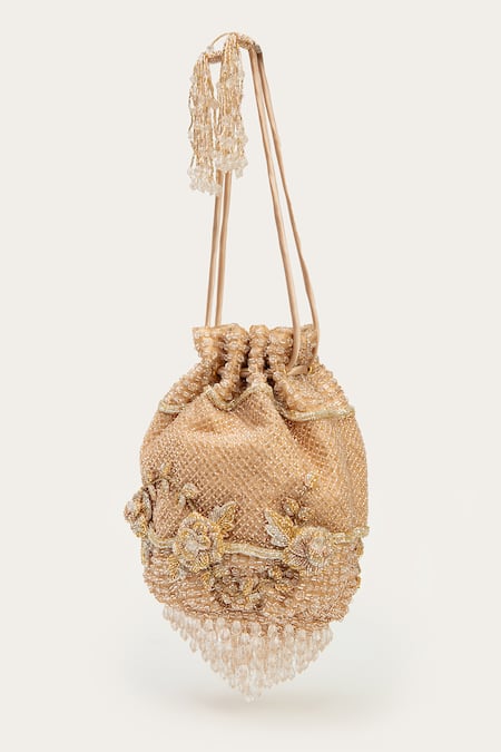 Shop Doux Amour Rose Gold Embellished Ella Chandelier Floral Potli at Aza Fashions Shop_Doux Amour_Rose Gold Embellished Ella Chandelier Floral Potli _at_Aza_Fashions