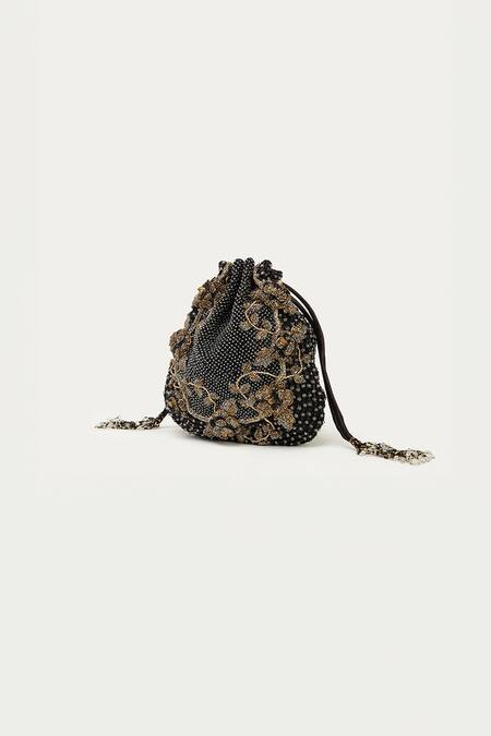 Doux Amour_Black Embellished Gloria Floral Applique Potli _Online_at_Aza_Fashions