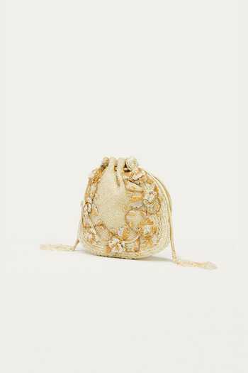Doux Amour_Ivory Embellished Gloria Floral Vine Applique Potli _Online_at_Aza_Fashions