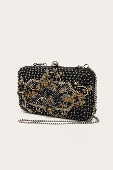 Doux Amour Black Embellished Mie Box Floral Bead Clutch 