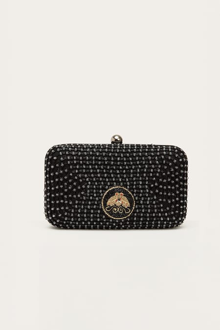 Shop Doux Amour Black Embellished Mie Box Floral Bead Clutch at Aza Fashions Shop_Doux Amour_Black Embellished Mie Box Floral Bead Clutch _at_Aza_Fashions
