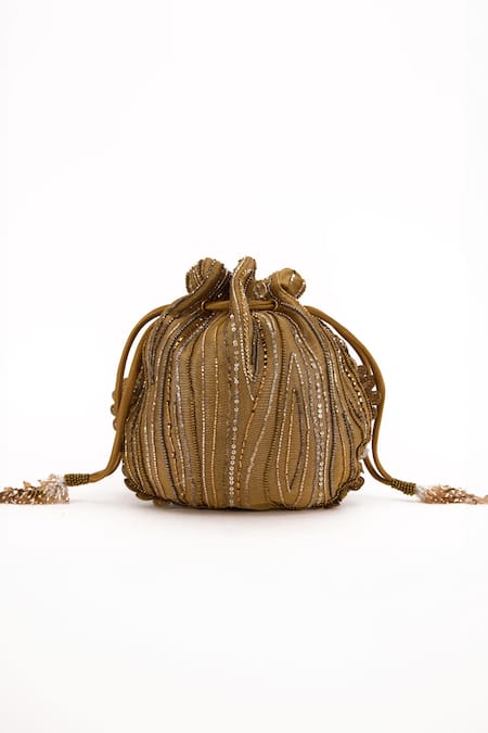 Shop Doux Amour Gold Beads, Applique Emma Blossom Potli at Aza Fashions Shop_Doux Amour_Gold Beads, Applique Emma Blossom Potli _at_Aza_Fashions